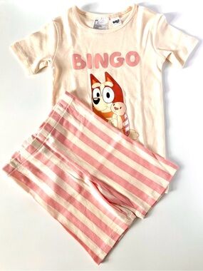 NWOT H&M Bingo Fluffy Cream Tee + Pink Stripe Shorts Set | 5Y